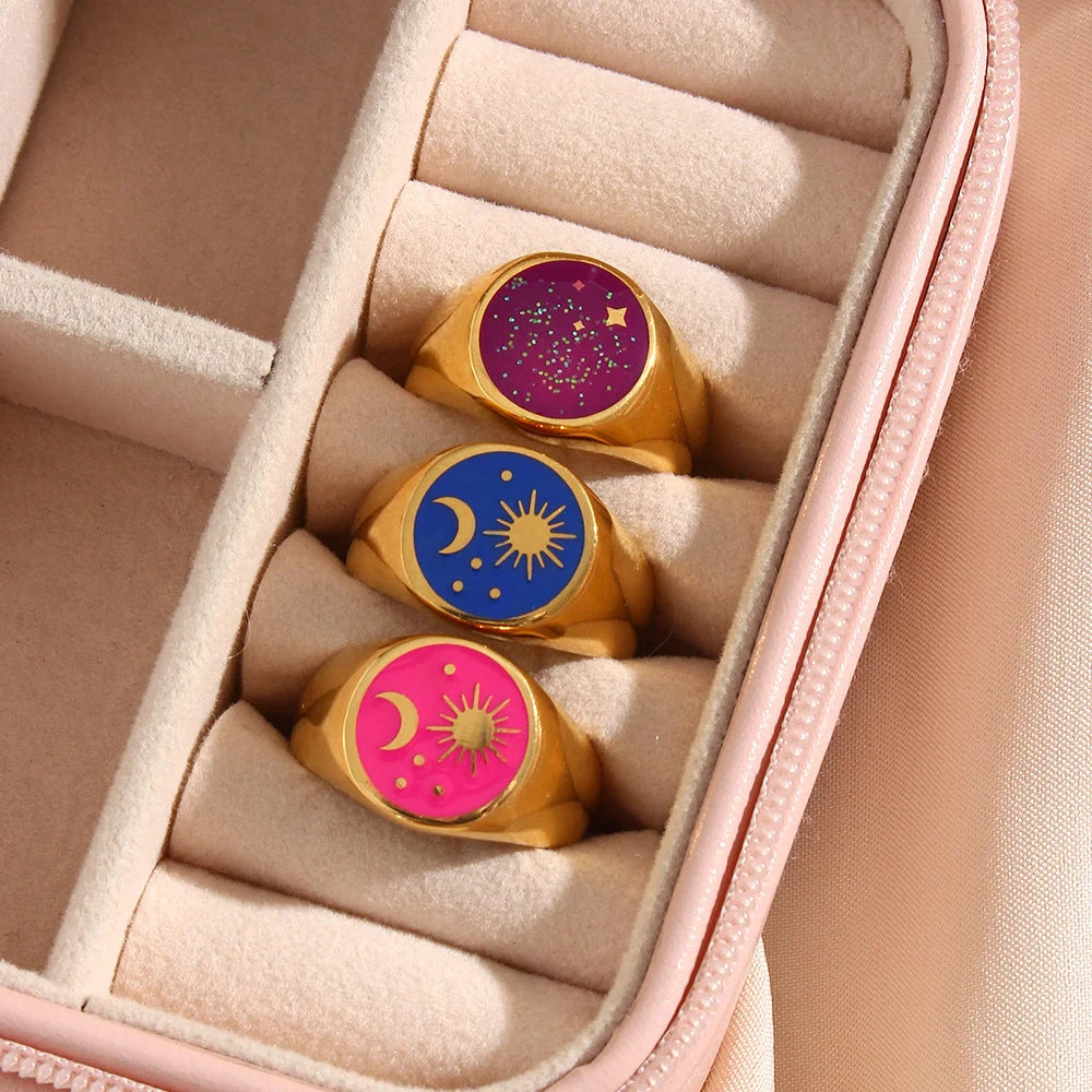 Women Fashion Sun Star Moon Geometric Stainless Steel 18K Gold Plated Rings