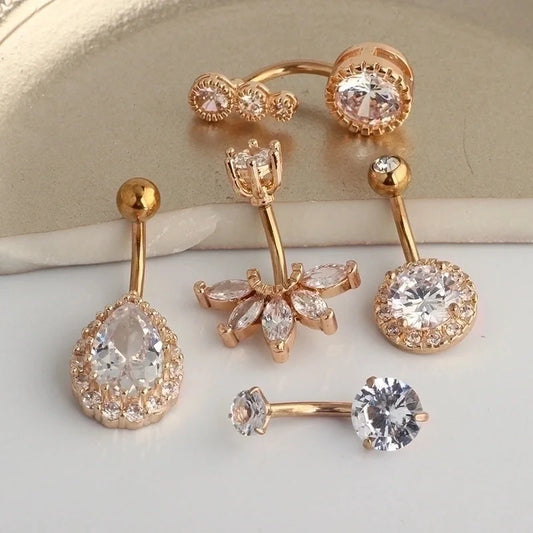 5 Pieces Fashion Water Droplets Stainless Steel Inlay Zircon Belly Ring 5 Pieces