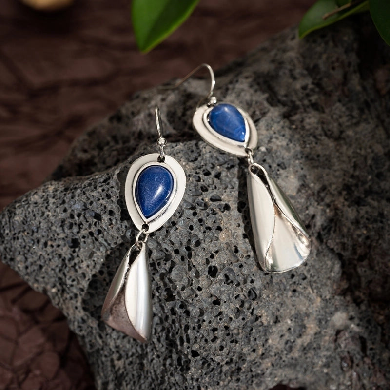 Hot Artistic Retro Geometric Lapis Lazor Ear Drop Bohemian Natural Stone Antique Women\'s Earrings