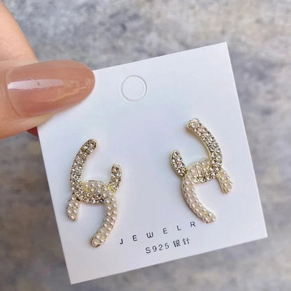 1 Pair Fashion Leaf Flower Bow Knot Imitation Pearl Alloy Rhinestones Earrings