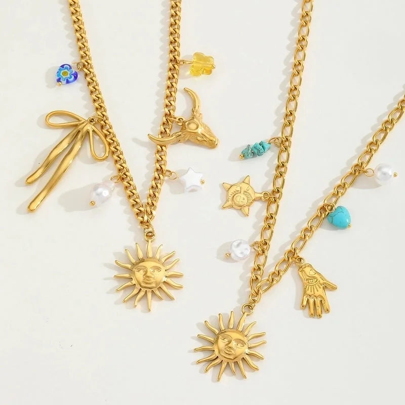 Elegant Vacation Sun 304 Stainless Steel Imitation Pearl 18K Gold Plated Inlay Multi Charms Necklace