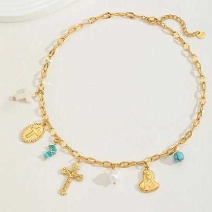 Elegant Exaggerated Vacation Geometric Cross Sun 304 Stainless Steel Imitation Pearl 18K Gold Plated Inlay Multi Charms Necklace