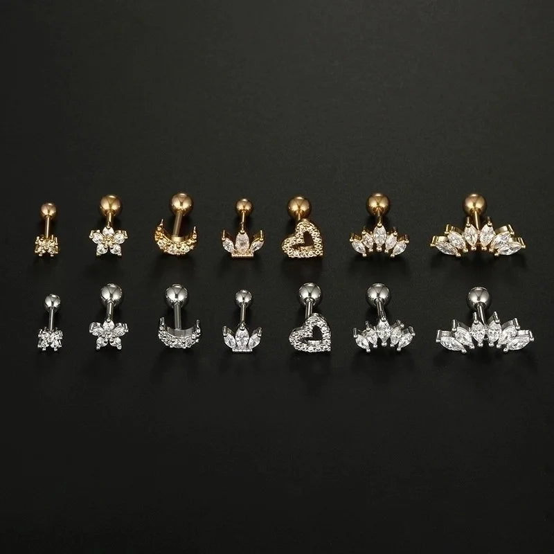 1 Piece Minimalist Moon Heart Shape Flower Plating Inlay 316L Stainless Steel Zircon Stainless Steel Earrings