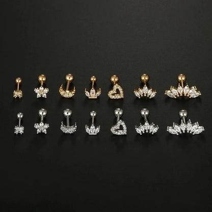 1 Piece Minimalist Moon Heart Shape Flower Plating Inlay 316L Stainless Steel Zircon Stainless Steel Earrings