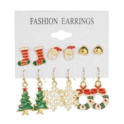 6 Pairs Ethnic Style Cartoon Character Christmas Tree Enamel Alloy Earrings