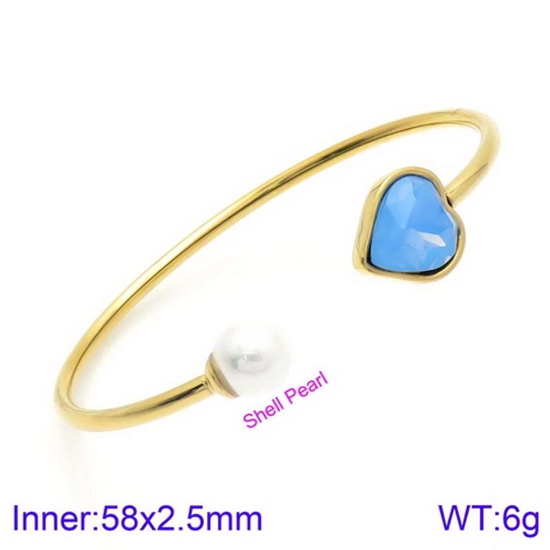 Modern Style Minimalist Heart Shape Stainless Steel Titanium Steel 18K Gold Plated Glass Stone Pearl Bangle In Bulk