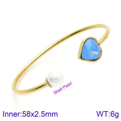 Modern Style Minimalist Heart Shape Stainless Steel Titanium Steel 18K Gold Plated Glass Stone Pearl Bangle In Bulk