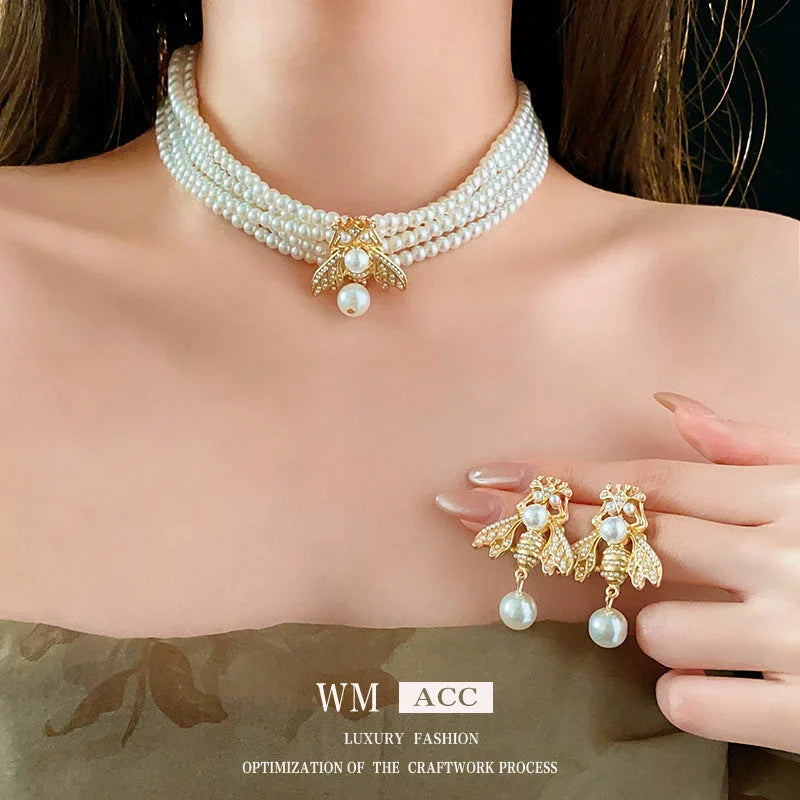 Women Luxurious Biggy Bear Bee Animal Artificial Pearl Electroplating Jewelry Sets
