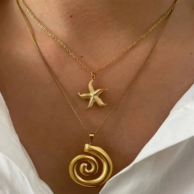 Marine Style Starfish Conch Shell 316L Stainless Steel 18K Gold Plated Pendant Necklace