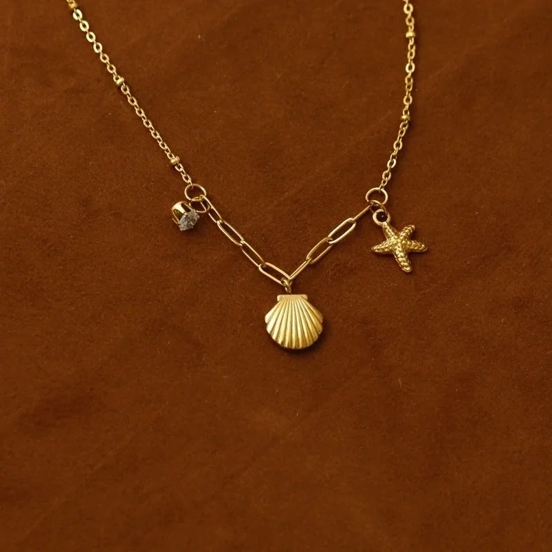 Vacation Beach Starfish Shell 304 Stainless Steel Zircon 18K Gold Plated Plating Stainless Steel Jewelry Sets
