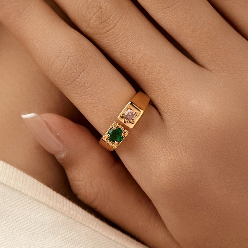 Copper 18K Gold Plated Inlay Semicircle Round Petal Zircon Open Rings