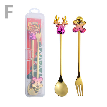 J Christmas Spoon Set Cartoon Colorful Santa Claus Christmas Tree Spoon Fork Coffee Dessert Spoon Gift Box
