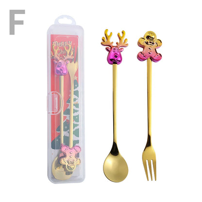 J Christmas Spoon Set Cartoon Colorful Santa Claus Christmas Tree Spoon Fork Coffee Dessert Spoon Gift Box