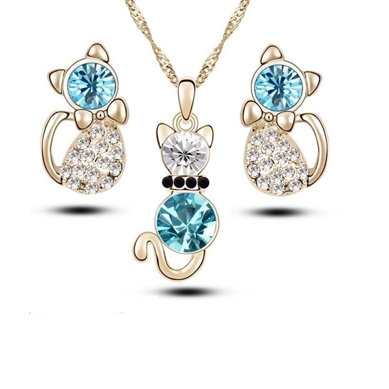 Simple Cat Alloy Crystal Ear Stud Necklace Set