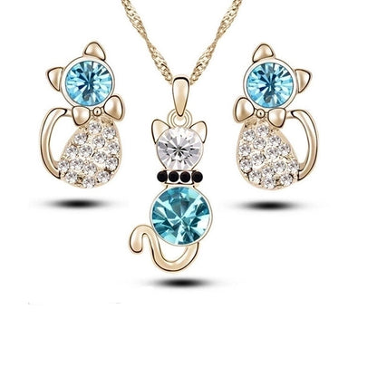 Simple Cat Alloy Crystal Ear Stud Necklace Set