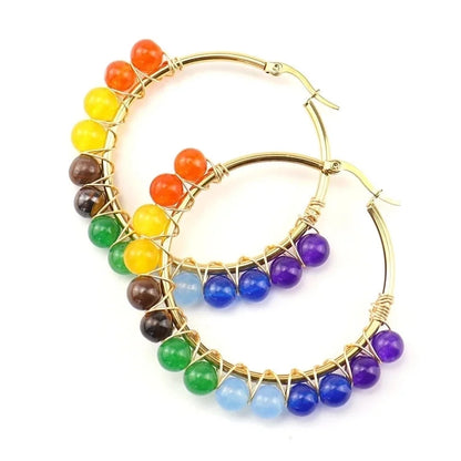 1 Pair Retro Minimalist Round Beaded Plating Natural Stone Copper Hoop Earrings