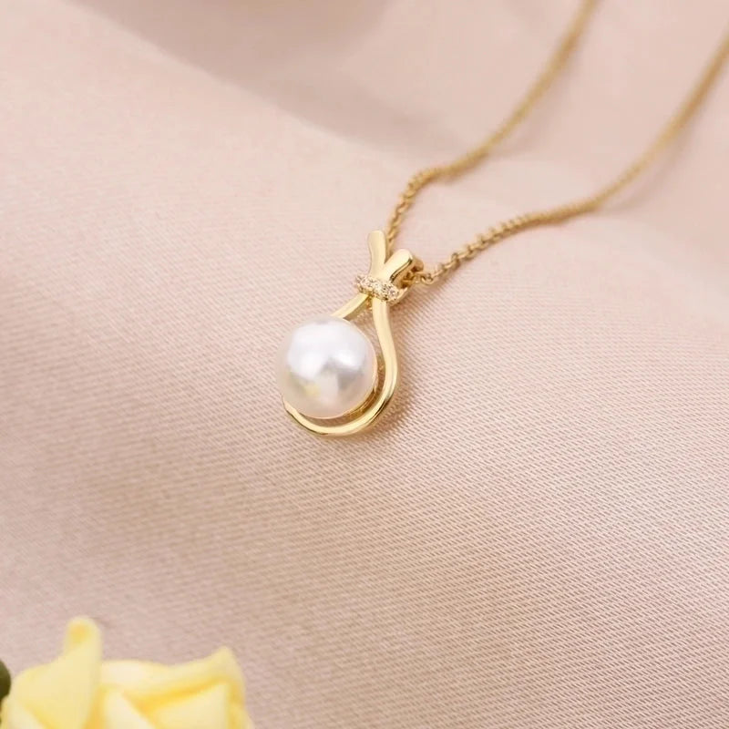 Elegant Minimalist Geometric Stainless Steel Plating Inlay Artificial Pearls 18k Gold Plated Pendant Necklace
