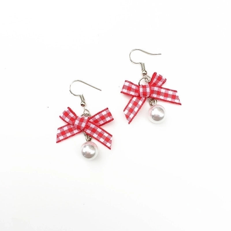 Retro Plaid Bow Cute Mink Plush Ball Strawberry Cake Ear Clip Christmas Earrings