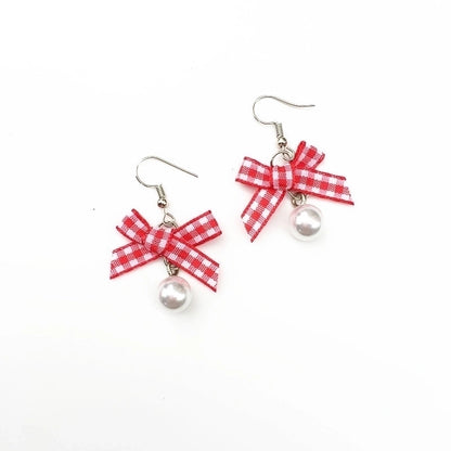 Retro Plaid Bow Cute Mink Plush Ball Strawberry Cake Ear Clip Christmas Earrings