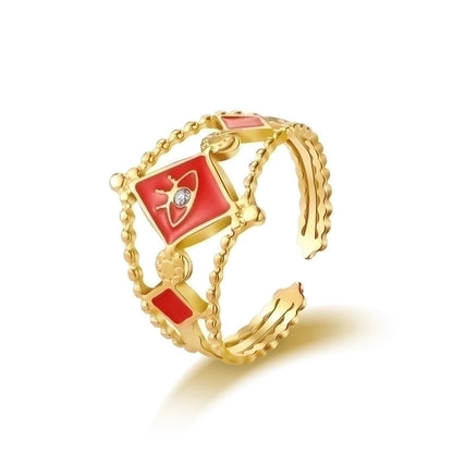 Fashion Round Square 304 Stainless Steel Artificial Gemstones 14K Gold Plated Plating Inlay Open Ring