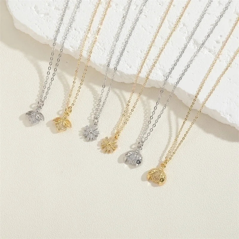 Cute Minimalist Beetles Bee Snowflake Copper 14k Gold Plated White Gold Plated Zircon Pendant Necklace In Bulk