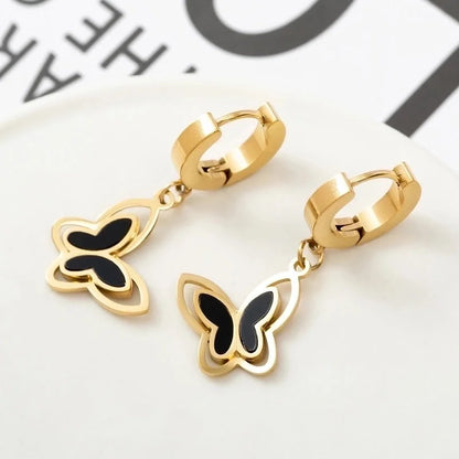 1 Pair Fashion Butterfly Polishing Plating Inlay Titanium Steel Shell Zircon Drop Earrings