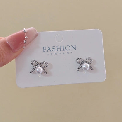 10 Pieces Minimalist Heart Shape Flower Bow Knot Imitation Pearl Alloy Rhinestone Irregular Women\'S Earrings 1 Pair