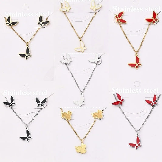 Casual Basic Vacation Rabbit Simple Butterfly 304 Stainless Steel 18K Gold Plated Polishing Enamel Plating Jewelry Set