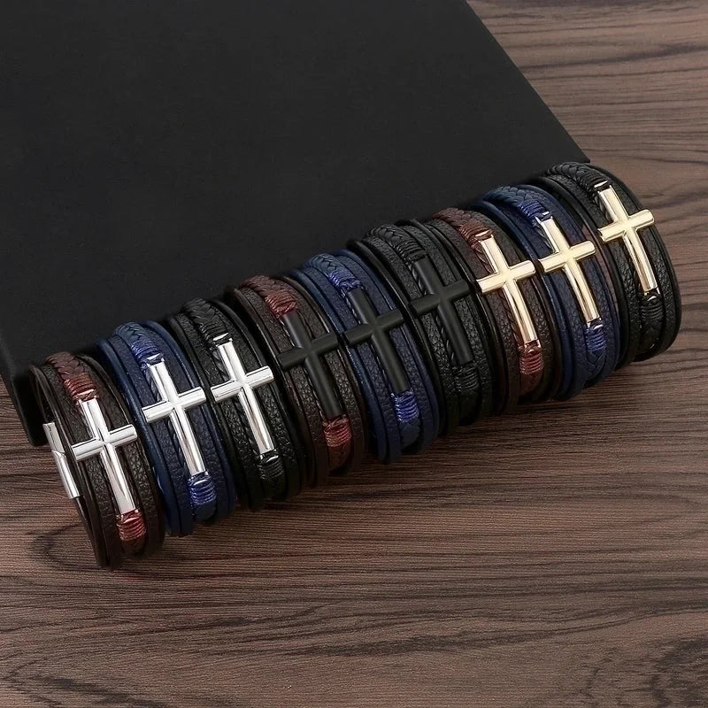 Casual Streetwear Cross 304 Stainless Steel Pu Leather Copper 18K Gold Plated Copper Bangle In Bulk
