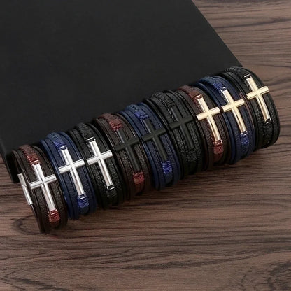 Casual Streetwear Cross 304 Stainless Steel Pu Leather Copper 18K Gold Plated Copper Bangle In Bulk