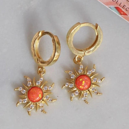 Copper Gold Plated Casual Minimalist Inlay Sun Artificial Opal Zircon Rings Earrings Necklace