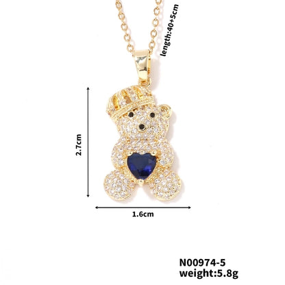 304 Stainless Steel Copper Rhodium Plated Inlay Bear Heart Shape Glass Zircon Pendant Necklace