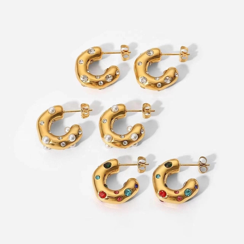 1 Pair Fashion C Shape Plating Inlay 304 Stainless Steel Zircon 18K Gold Plated Ear Studs