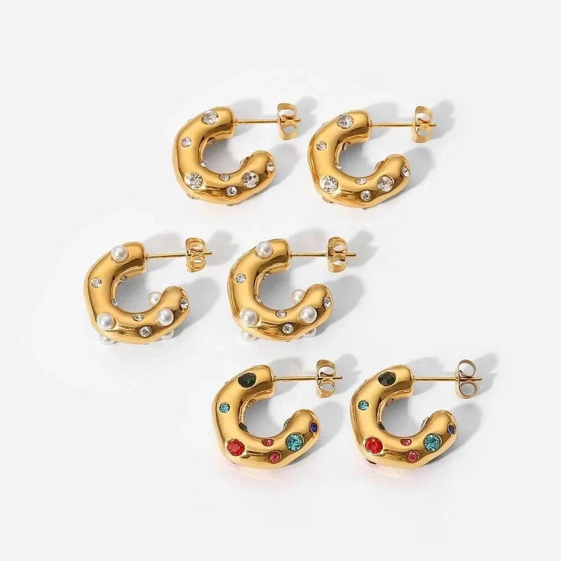 1 Pair Fashion C Shape Plating Inlay 304 Stainless Steel Zircon 18K Gold Plated Ear Studs