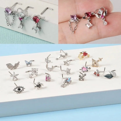 2 Pieces Nose Rings & Studs Streetwear Moon Heart Shape Butterfly 304 Stainless Steel Copper Zircon Inlay Zircon