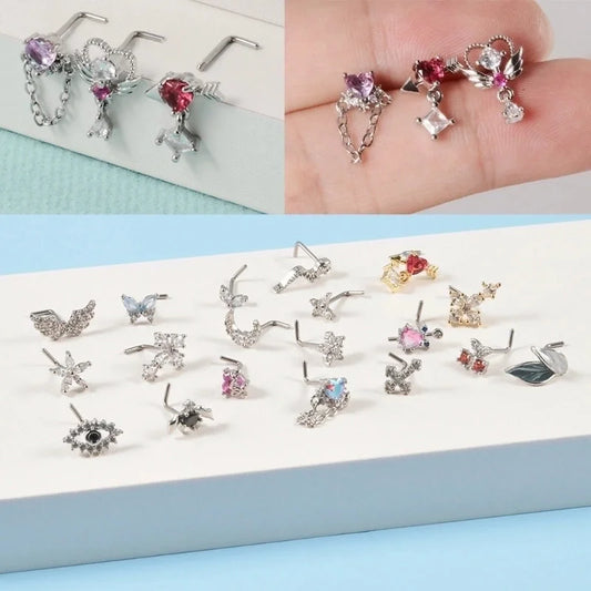 2 Pieces Nose Rings & Studs Streetwear Moon Heart Shape Butterfly 304 Stainless Steel Copper Zircon Inlay Zircon