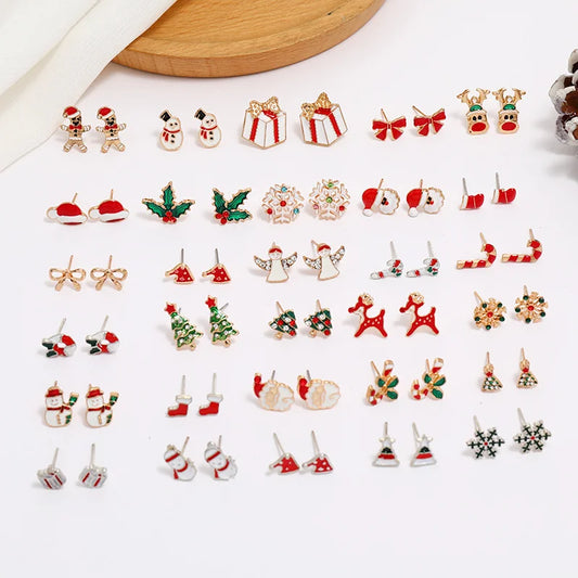 12 Pieces Christmas Earrings With Rhinestones Snowflake Christmas Tree Wreath Alloy Oil Drop Earrings Christmas Jewelry