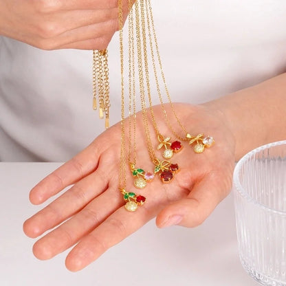 IG Style Glam Cherry 304 Stainless Steel Copper Zircon Inlay Pendant Necklace Cable Chain