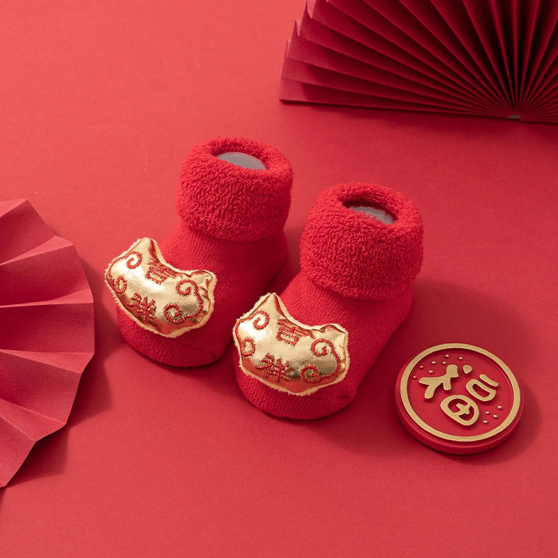 New Newborn Baby Socks Autumn And Winter A Cotton Red Terry Fleece-lined Thickened Non-slip Baby Christmas Floor Socks 1