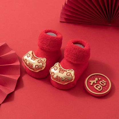 New Newborn Baby Socks Autumn And Winter A Cotton Red Terry Fleece-lined Thickened Non-slip Baby Christmas Floor Socks 1