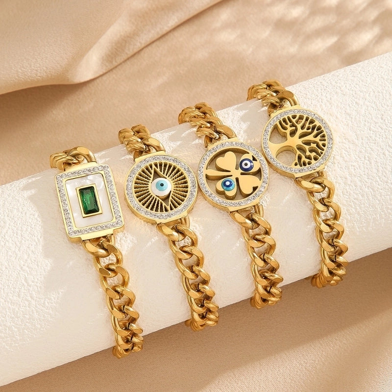 3 Pieces Elegant Four Leaf Clover Life Tree Titanium Steel Cuban Link Chain Curb Chain Bracelets In Bulk