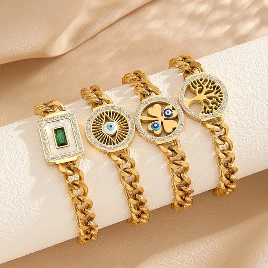 3 Pieces Elegant Four Leaf Clover Life Tree Titanium Steel Cuban Link Chain Curb Chain Bracelets In Bulk