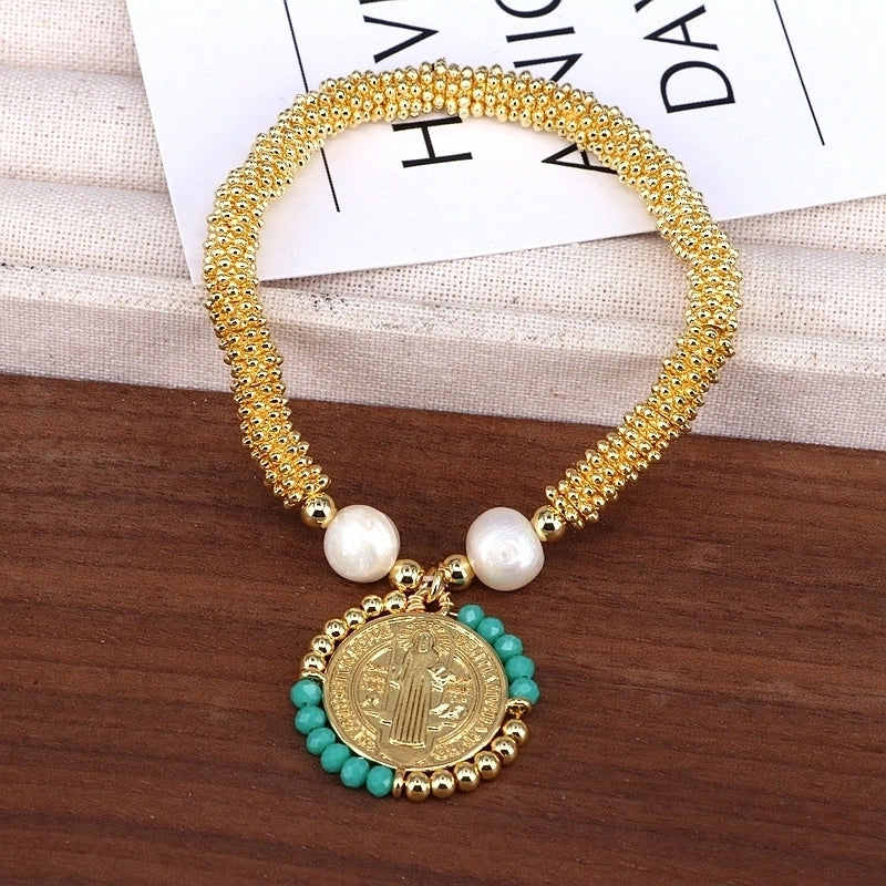 Copper 18K Gold Plated Handmade Pearl Human Round Virgin Mary Crystal Bracelets