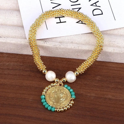 Copper 18K Gold Plated Handmade Pearl Human Round Virgin Mary Crystal Bracelets