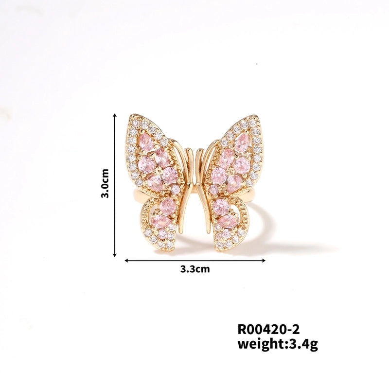 Copper K Gold Plated Rhodium Plated Sweet Minimalist Artistic Inlay Butterfly Zircon Open Rings