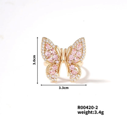 Copper K Gold Plated Rhodium Plated Sweet Minimalist Artistic Inlay Butterfly Zircon Open Rings