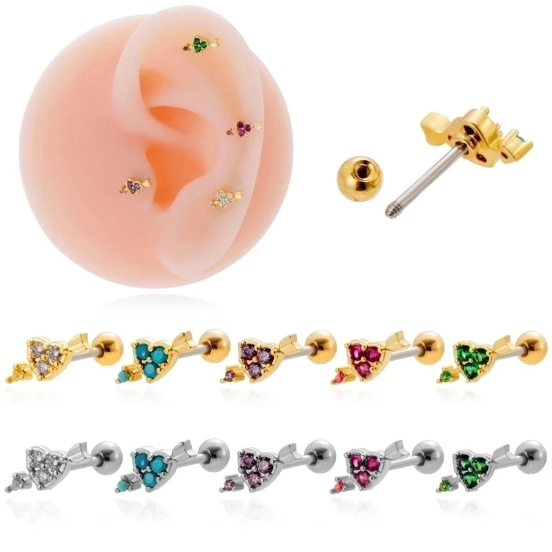 1 Piece Ear Cartilage Rings & Studs Sweet Heart Shape 316L Stainless Steel Copper Plating Inlay Zircon
