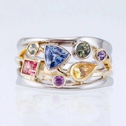 Multicolor Geometric Pattern Ladies Set With Zircon Wave Line Copper Ring