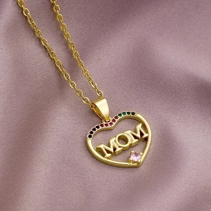 304 Stainless Steel Copper MAMA Plating Letter Zircon Pendant Necklace