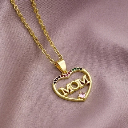 304 Stainless Steel Copper MAMA Plating Letter Zircon Pendant Necklace